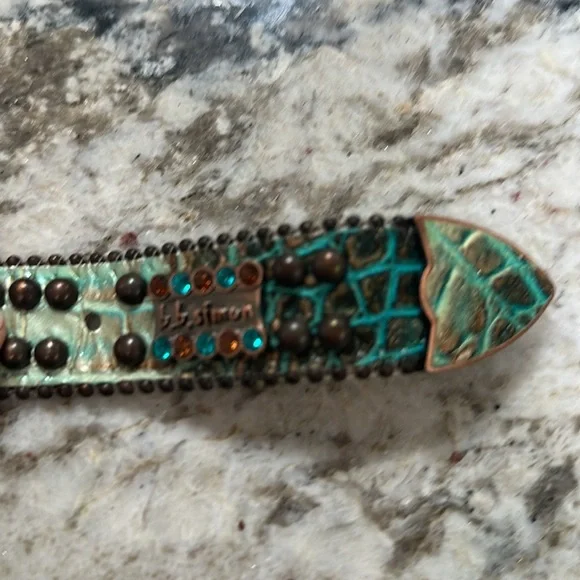BB Simon Turquoise Crystal Leather Belt - Picture 8 of 8